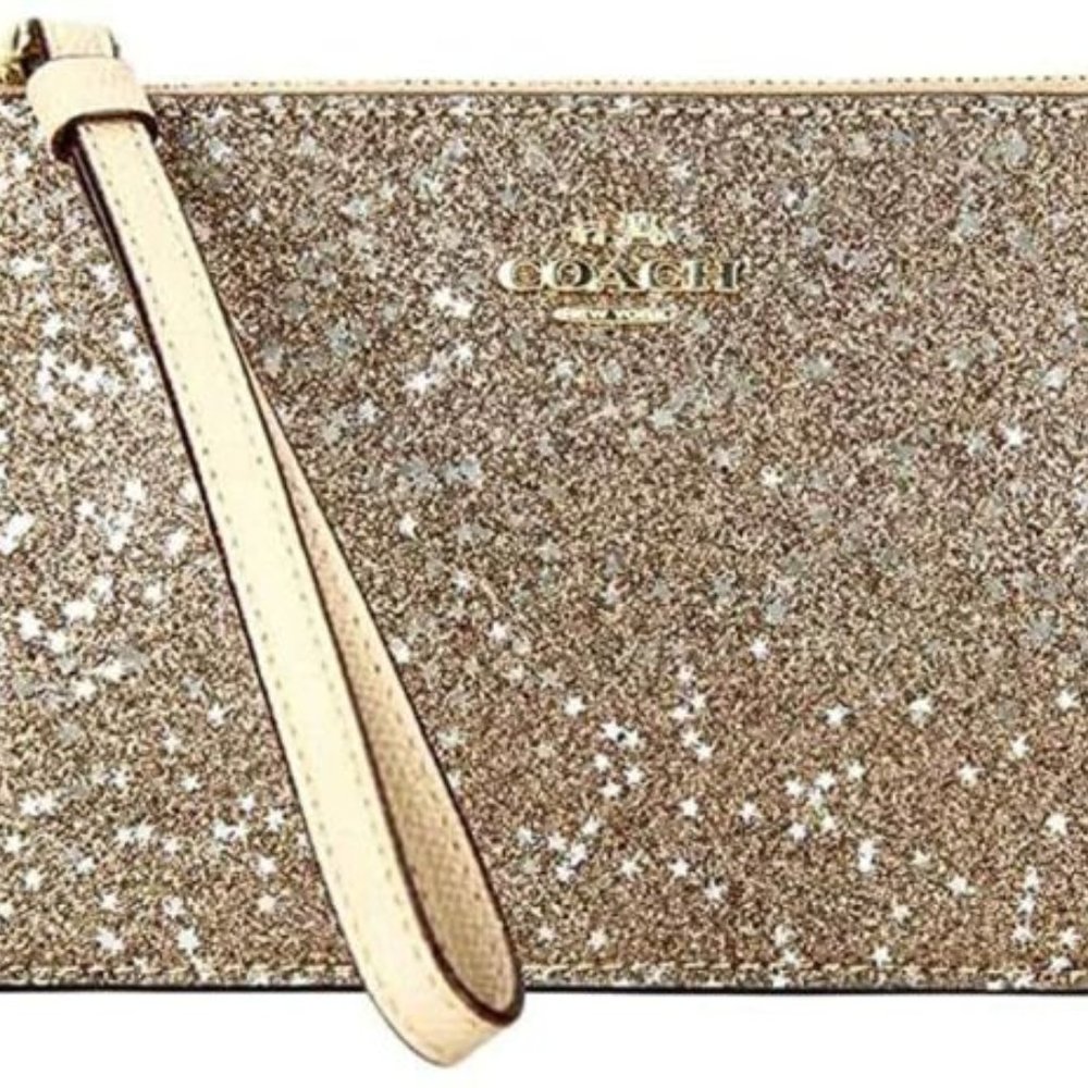 BLACK FRIDAY SALES !!!!!NWT COACH Star Glitter Wristlet Champagne GOLD F33702